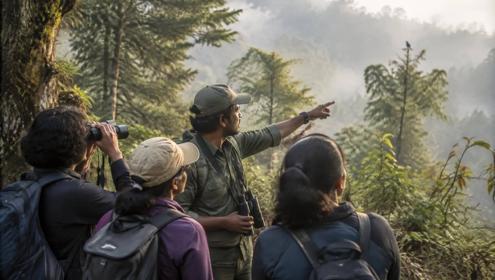 A naturalist pointing out wildlife to a group of young learners in the forest