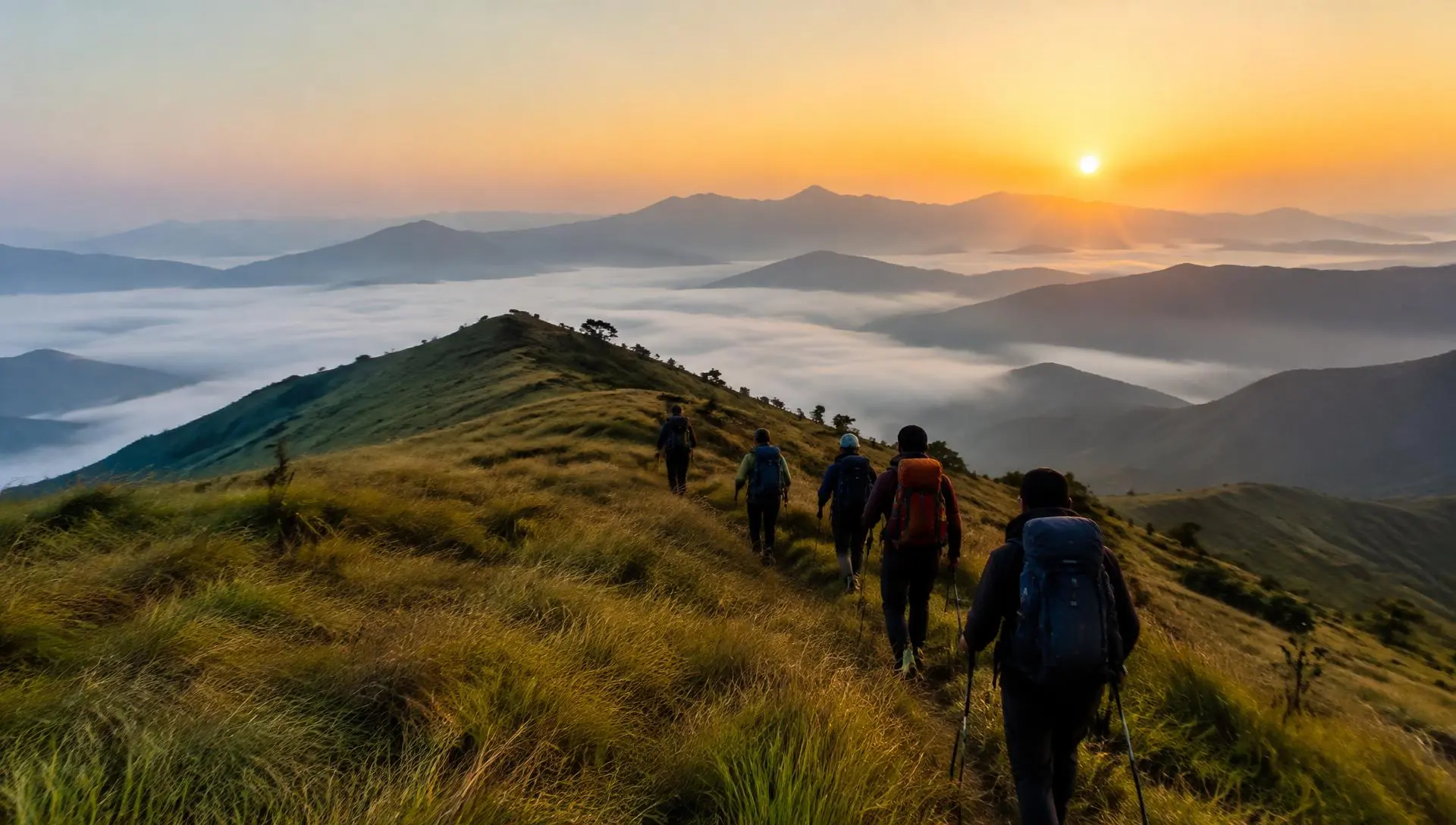 Trekkers walking a grassland ridge above a sea of cloud at sunrise