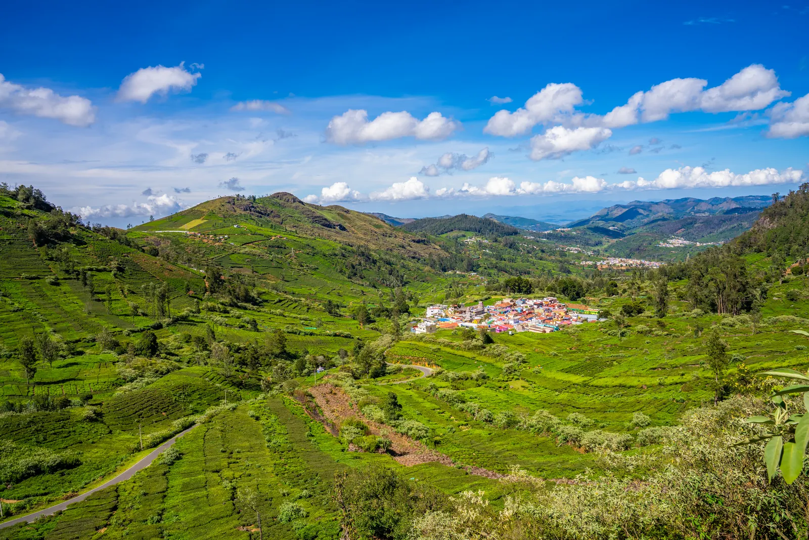 Tea-covered valley with a colourful hill village and blue sky