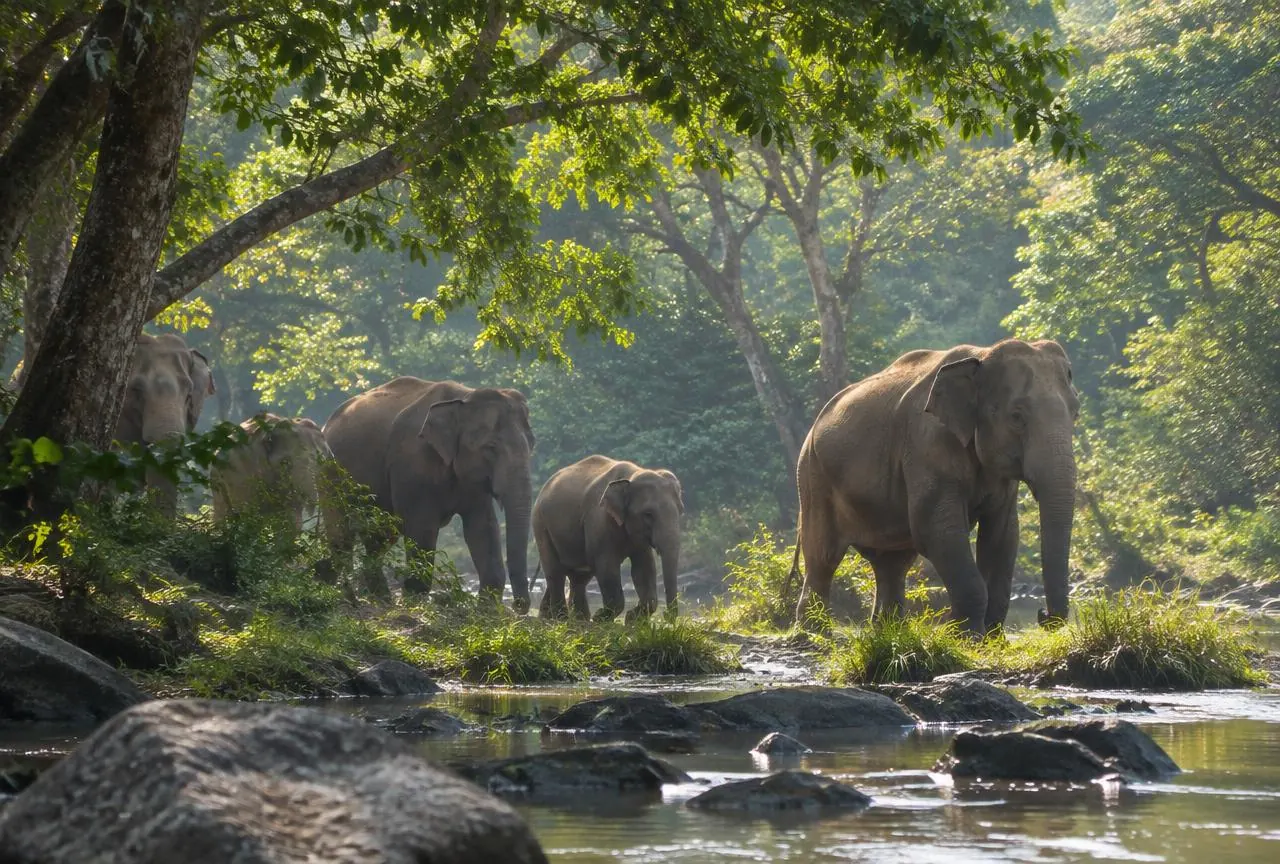 Wild elephants moving through dappled forest light in the Anamalais
