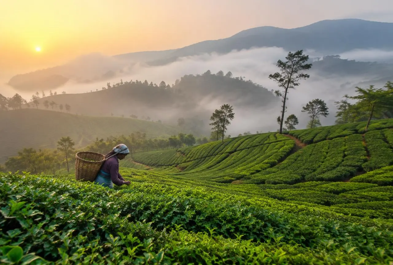 Sunrise over misty tea-clad hills in the Nilgiris